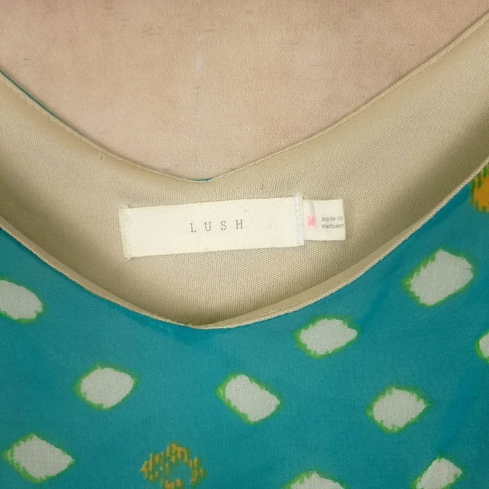 Lush Teal Blouson Dress Shoet Sleeve Geometric Print Size Med